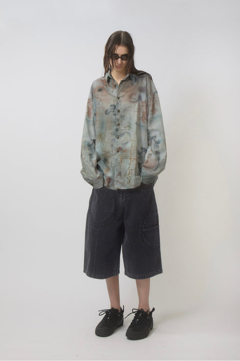 CIRCLE CUT-OUT WASHED HALF PANTS -BLACK DENIM-