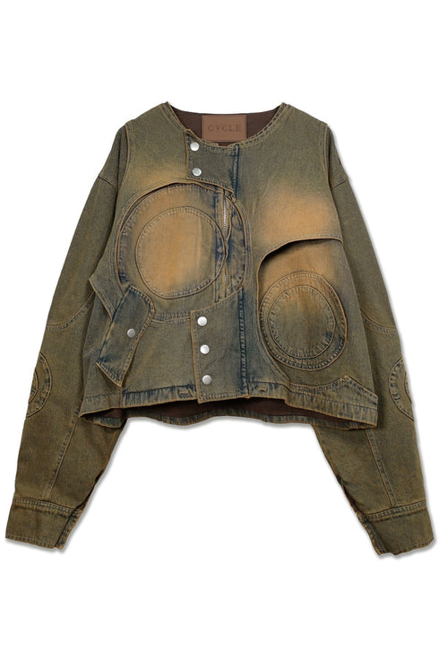 CIRCLE CUT-OUT DENIM JACKET -RUSTED BROWN-