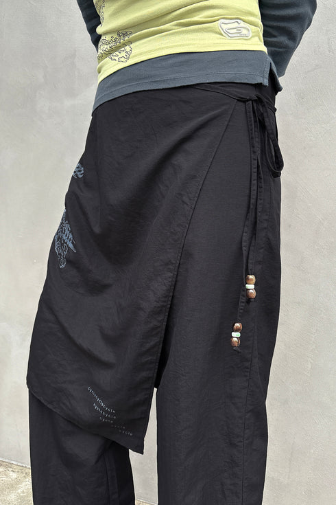 WRAP SKIRT LAYERED TROUSERS -BLACK-