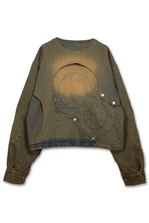 CIRCLE CUT-OUT DENIM JACKET -RUSTED BROWN-