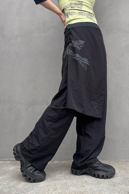 WRAP SKIRT LAYERED TROUSERS -BLACK-