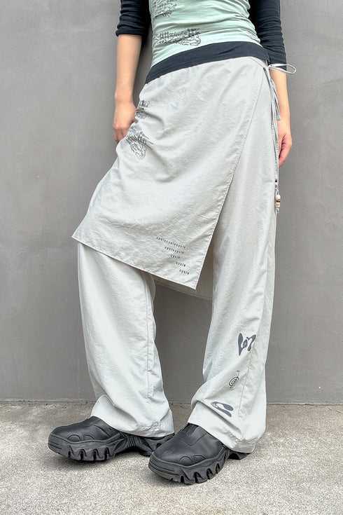 WRAP SKIRT LAYERED TROUSERS -LIGHT GRAY-