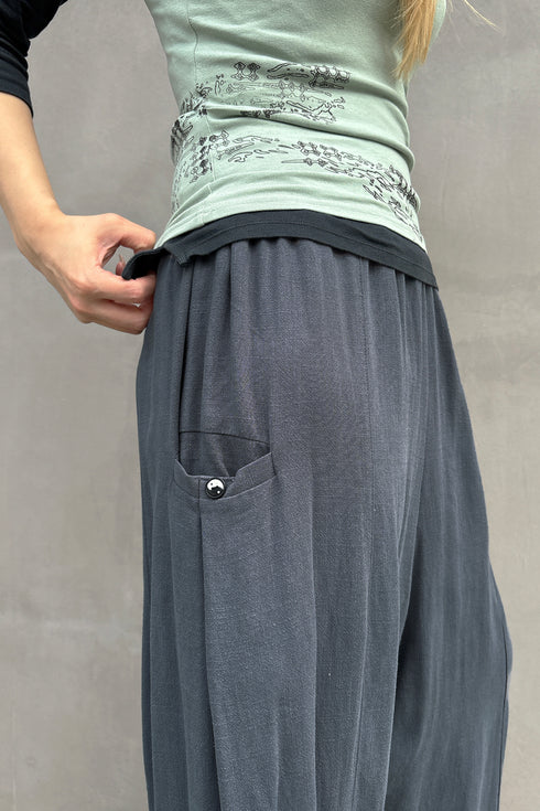 YIN-YANG LINEN WIDE TROUSERS -COLD CHARCOAL-