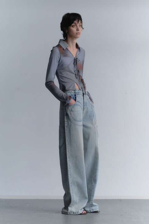 FLOWER DRAWSTRING TOPS -GRAYISH BLUE-