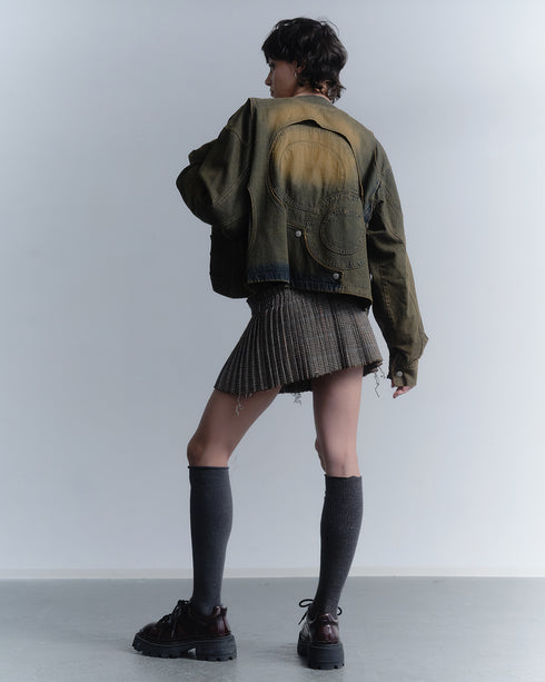 CIRCLE CUT-OUT DENIM JACKET -RUSTED BROWN-