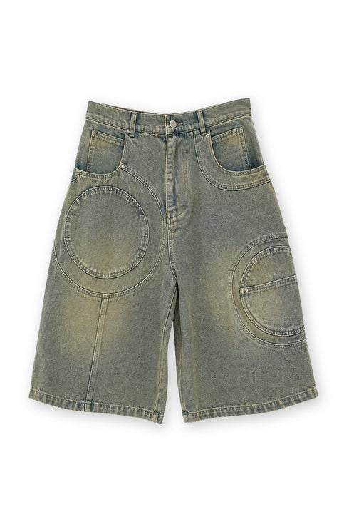 【PRE-ORDER】CIRCLE CUT-OUT WASHED HALF PANTS -SANDED BLUE DENIM-