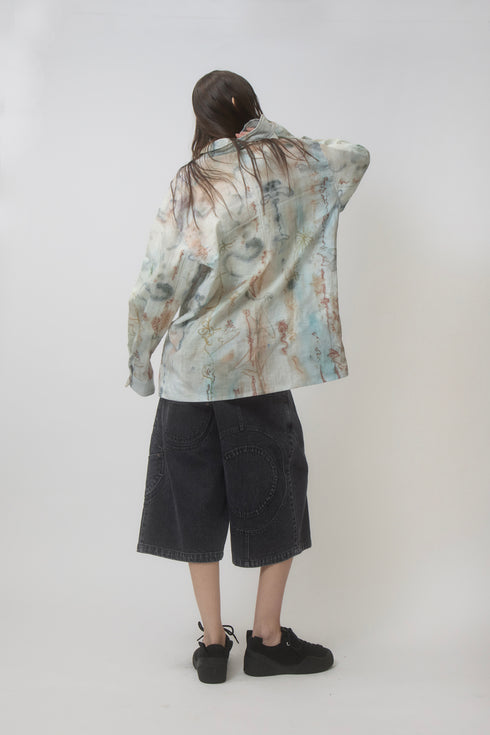 CIRCLE CUT-OUT WASHED HALF PANTS -BLACK DENIM-
