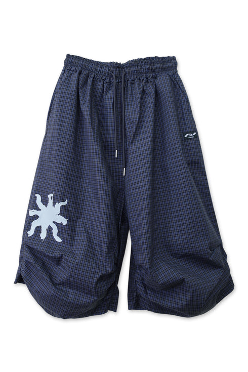 TUCKED CHECK HALF PANTS -DARK BLUE-