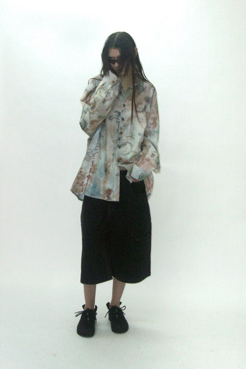 【PRE-ORDER】CIRCLE CUT-OUT WASHED HALF PANTS -BLACK DENIM-