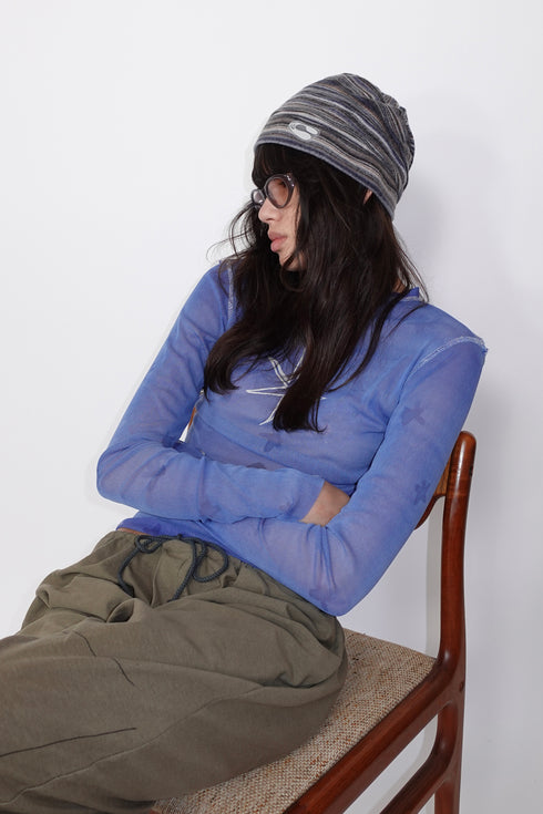 MULTI STRIPE BEANIE -BLUE × BROWN-