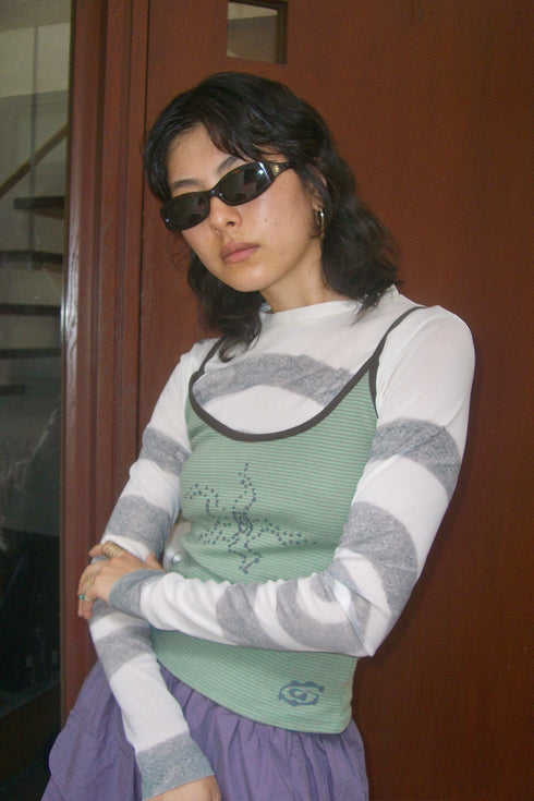 WARP STAR STRIPE CAMISOLE -GREEN × BROWN-