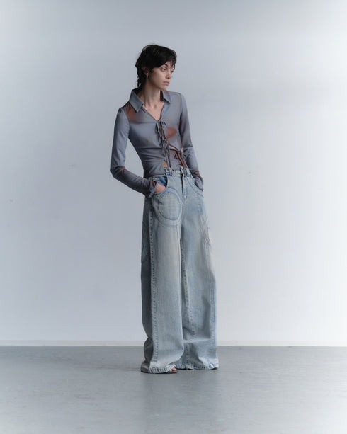 FLOWER DRAWSTRING TOPS -GRAYISH BLUE-