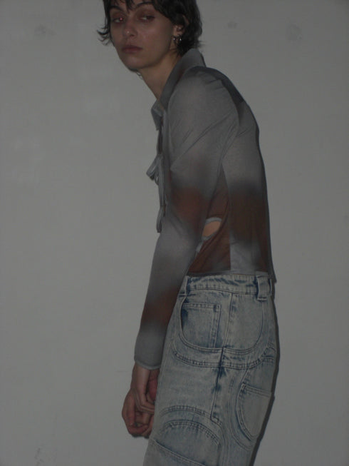 FLOWER DRAWSTRING TOPS -GRAYISH BLUE-