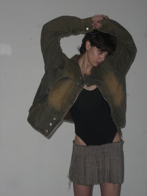 CIRCLE CUT-OUT DENIM JACKET -RUSTED BROWN-