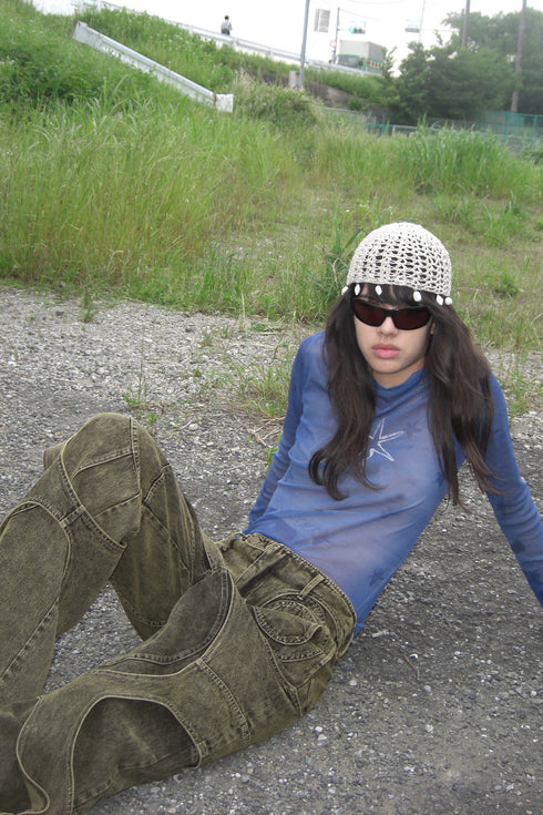 CIRCLE CUT-OUT DENIM PANTS -YELLOW-