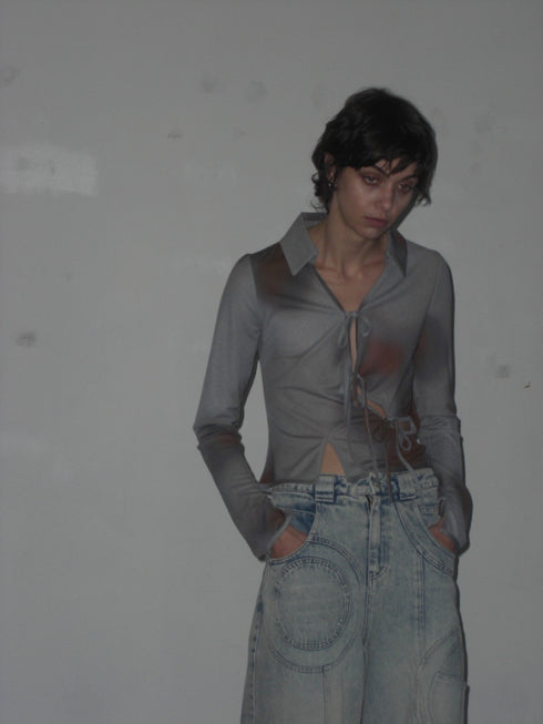 FLOWER DRAWSTRING TOPS -GRAYISH BLUE-