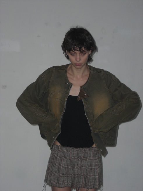 CIRCLE CUT-OUT DENIM JACKET -RUSTED BROWN-