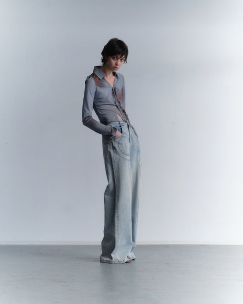 FLOWER DRAWSTRING TOPS -GRAYISH BLUE-