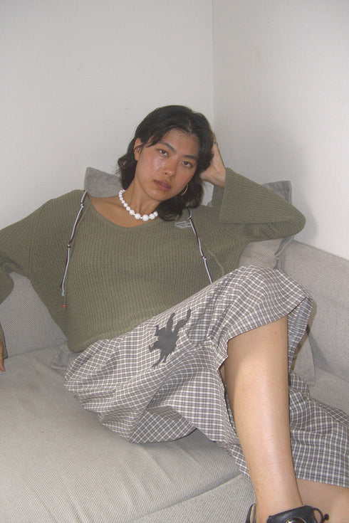 MIX CORD SUMMER KNIT HOODIE -KHAKI-