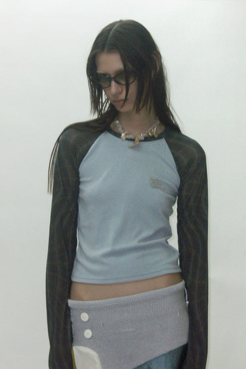 【PRE-ORDER】WAVY CHECK RAGLAN LONG SLEEVE TEE -LIGHT BLUE × CHARCOAL-