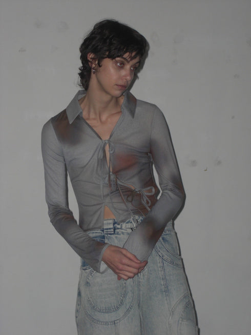 FLOWER DRAWSTRING TOPS -GRAYISH BLUE-