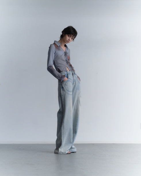 FLOWER DRAWSTRING TOPS -GRAYISH BLUE-