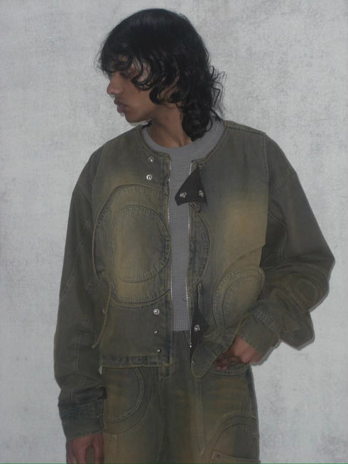 CIRCLE CUT-OUT DENIM JACKET -RUSTED BROWN-