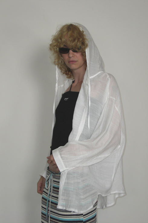 WOOD BUTTON CHILL OUT HOODIE -WHITE-